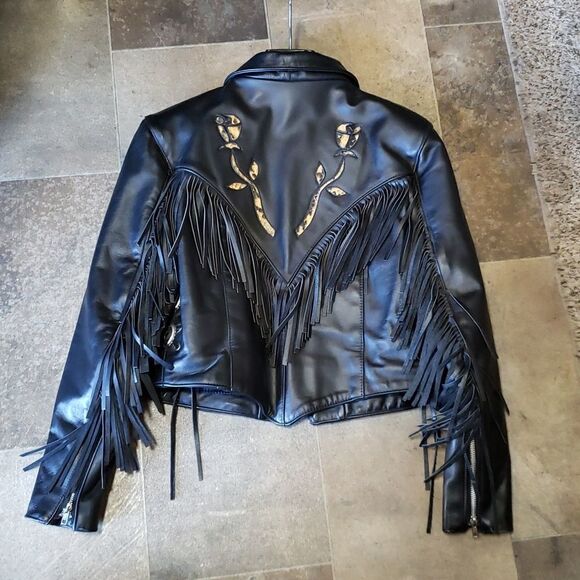 Steer Brand Vtg Leather Jacket with Fringe and Snakeskin Roses Design Sz 12 - Picture 2 of 16